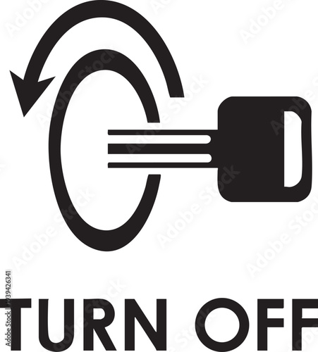 Key turning in ignition symbol with TURN OFF text representing power off or deactivation isolated on white background