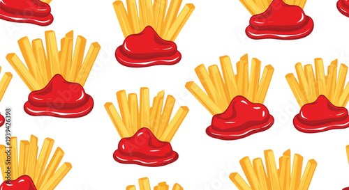 French fries with ketchup seamless food pattern vector for fast food packaging and backgrounds