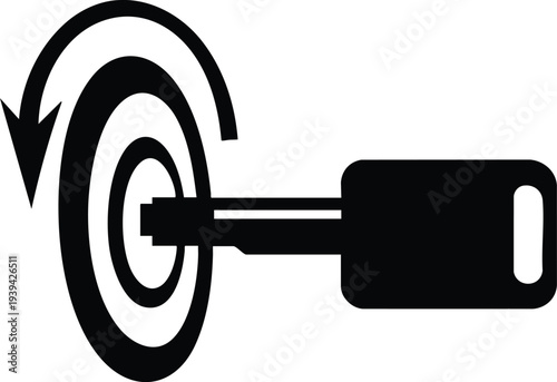 Car ignition key symbol with circular arrow indicating start or turn isolated black vector illustration for automotive concepts