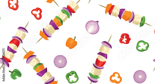 Grilled Vegetable Skewers Food Pattern Vector Seamless Background for Summer BBQ Design