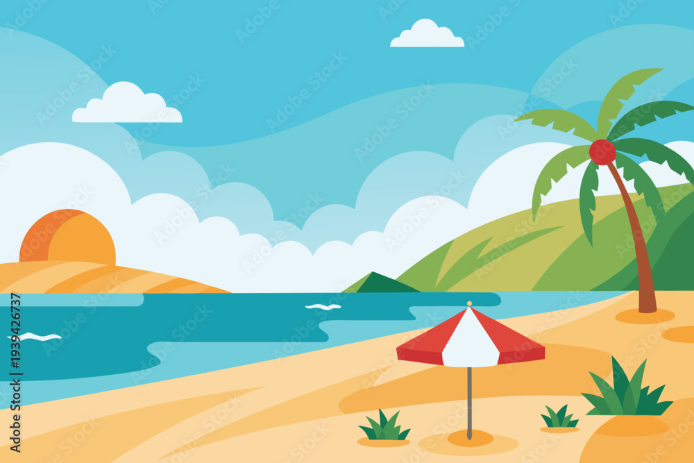 Obraz premium Tropical Beach Landscape with Palm Tree and Ocean View