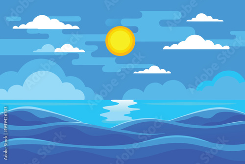 Flat Illustration of Ocean Landscape with Sun and Waves