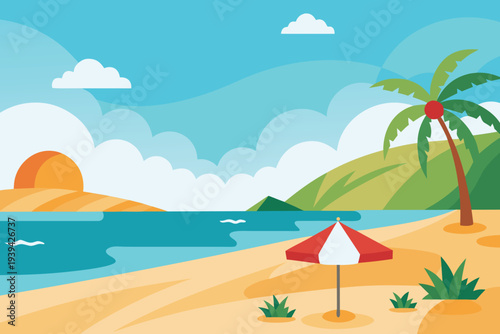 Tropical Beach Landscape with Palm Tree and Ocean View