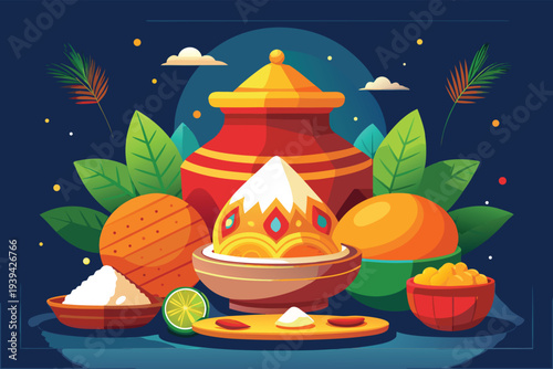 Indian Festival Offering with Sweets and Spices Decorative Stock Illustration