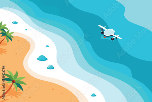 Drone flying over tropical beach and ocean aerial view