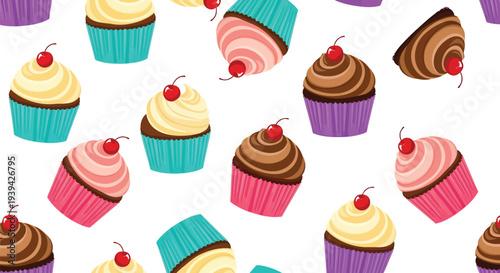 Cupcake food pattern vector seamless background with colorful desserts and cherries