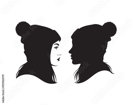 Twin Girls Silhouette with Winter Hats Vector Cute Sister Profile Illustration