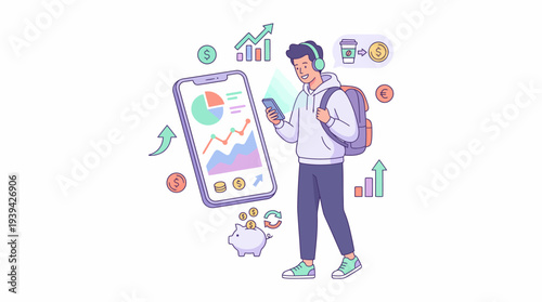 Young Person with Smartphone and Financial Growth Graphics, Mobile Finance App Concept