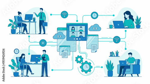 Connected Workforce Collaborating Remotely Through Digital Platforms, Cloud Services, and Virtual Meetings