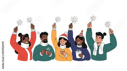 Group of happy friends celebrating a festive occasion together with bright sparklers and warm winter clothing.