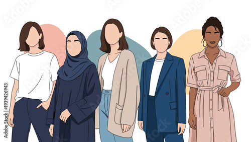 Diverse group of fashionable women representing different styles and cultures standing together in powerful unity.