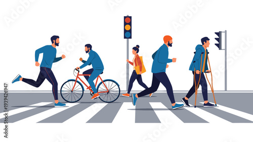 Busy street crossing with diverse people including a runner, a cyclist, and a person using crutches at a crosswalk.