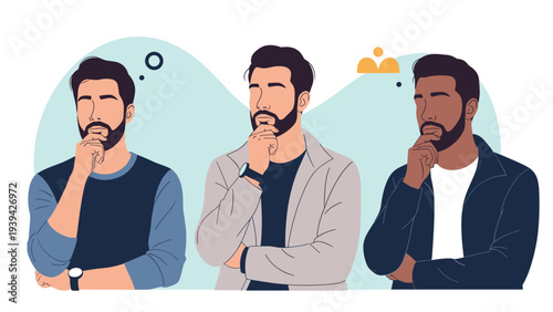 Group of three men from different backgrounds in pensive poses thinking and reflecting against a soft blue background.
