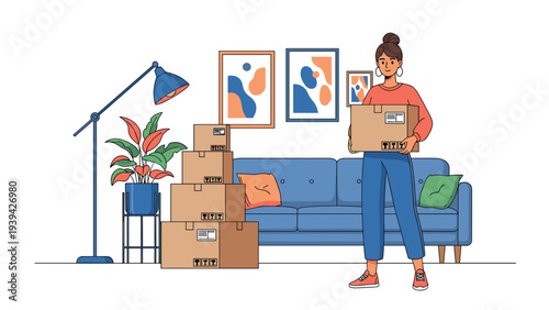 Young woman carrying a cardboard box while moving into a new home with many packed boxes in the background.