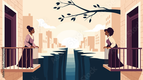 Artistic scene of two women standing on balconies of tall buildings separated by a deep urban canyon at sunset.
