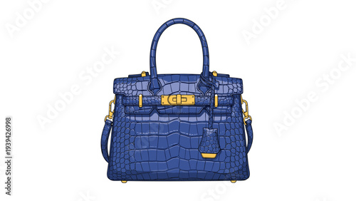 High-end luxury designer handbag made from blue alligator skin with elegant gold hardware and a handle.