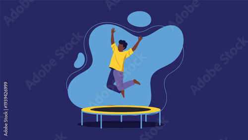 Joyful person jumping high on a trampoline against a dynamic blue background representing energy and freedom.