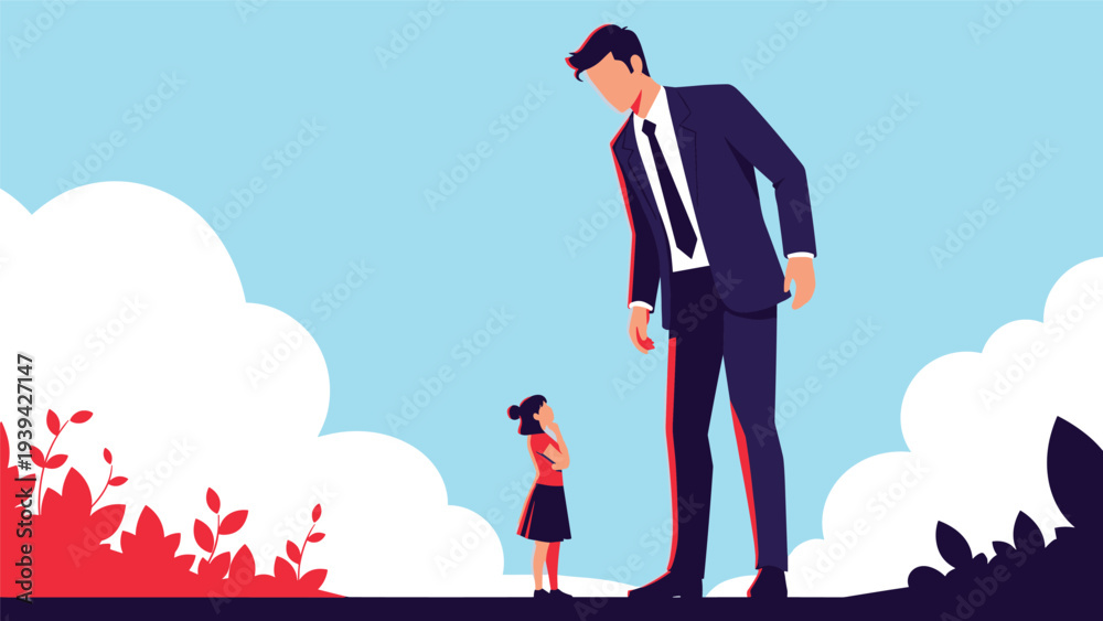 Fototapeta premium Conceptual illustration of a giant businessman standing next to a small girl representing inequality or different life perspectives.