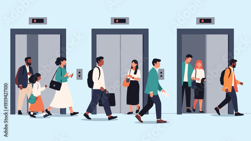 Busy group of diverse people commuting and moving through a modern building lobby while entering and exiting several elevator doors.