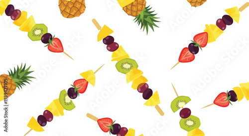 Tropical Fruit Skewers Food Pattern Vector Seamless Background for Summer Design