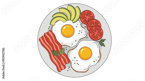 Healthy breakfast plate featuring two sunny side up eggs, crispy bacon strips, sliced avocado, and fresh tomatoes on a white background.