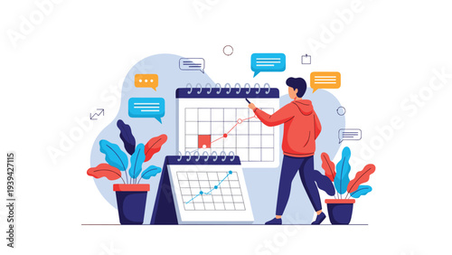 Young professional organizing his schedule and tasks by marking important dates and growth trends on large wall and desk calendars.