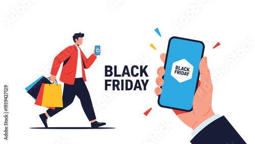 Exciting Black Friday sale concept featuring a man running with shopping bags and a smartphone showing a promotional discount offer.