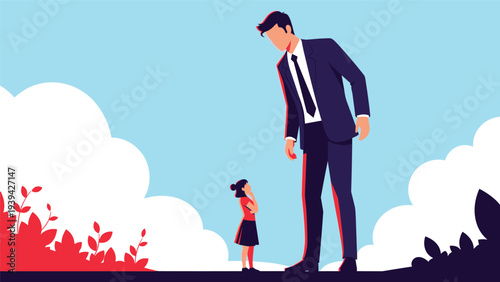 Conceptual illustration of a giant businessman standing next to a small girl representing inequality or different life perspectives.