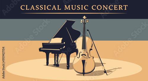 Vector illustration of a classical music concert featuring a grand piano and cello, perfect for cultural event promotion