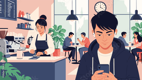 Diverse group of people enjoying their time in a modern coffee shop with a man in the foreground using his smartphone and headphones.