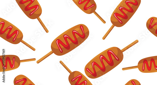 Corn dog vector food pattern with ketchup seamless background for fast food design
