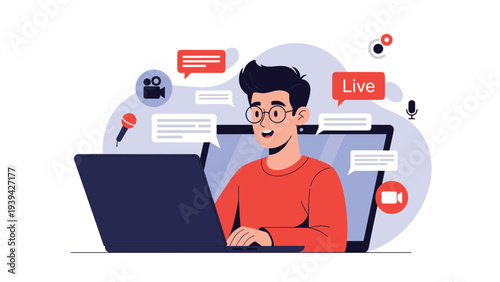 Enthusiastic young man hosting a live stream on his laptop with various social media and communication icons floating around him.