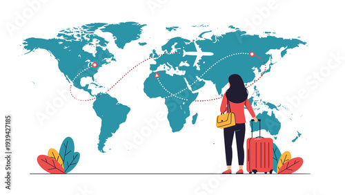 Young woman with a suitcase standing in front of a world map with dashed travel routes and an airplane representing global tourism.