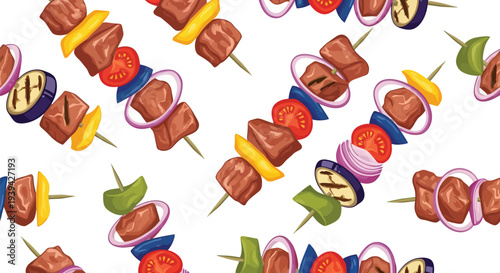 Grilled Skewers Vector Food Pattern with Vegetables and Meat on White Seamless Background