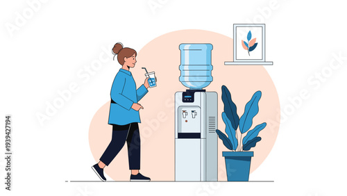 Young woman taking a refreshing water break at an office water cooler in a clean and bright indoor environment with plants.