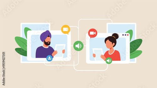 Two people having a collaborative video call session using their devices with speech bubbles and file icons floating between them.