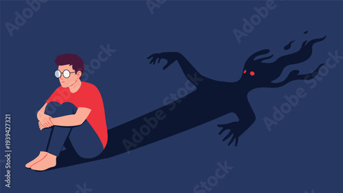 Scared young man sitting with his knees up while his own shadow transforms into a dark monster with glowing red eyes.
