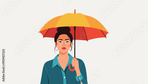 Portrait of a focused young woman with glasses and a bun hairstyle standing under a bright orange and yellow umbrella.