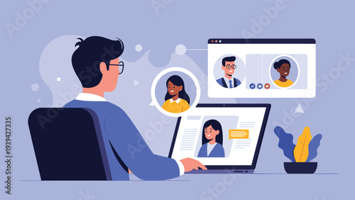 Professional man in a blue shirt sits at his desk while participating in a remote video conference with three colleagues on his laptop screen.