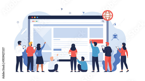 Group of diverse people collaborating and interacting with a giant website interface on a large digital screen in a modern workspace.