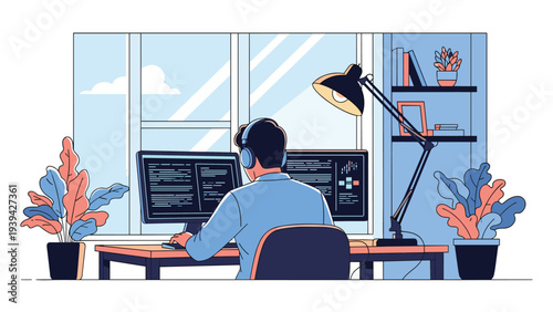 Focused software developer with headphones works at a desk with dual monitors displaying lines of code in a modern home office.