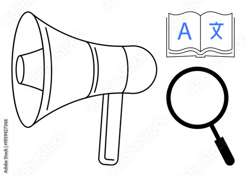 Language translation with a megaphone, magnifying glass, and open book. Translation enhances global communication and understanding. Useful for education, technology, media, and accessibility