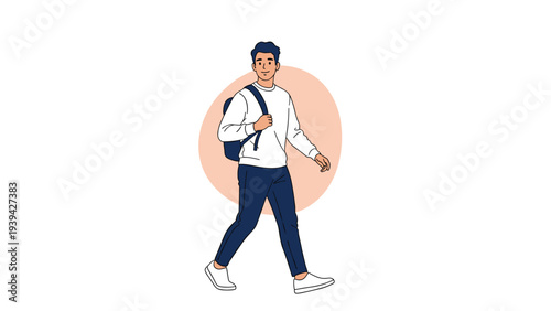 Young man wearing a white sweater and dark trousers walks forward confidently with a backpack over his shoulder.