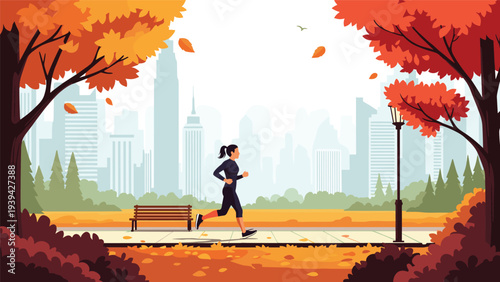 Active woman in sportswear jogs through a scenic autumn park with golden leaves and a city skyline visible in the distance.