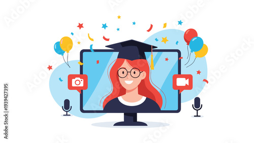 Graduate woman in a cap and gown celebrates her academic success on a computer screen during a virtual graduation ceremony.