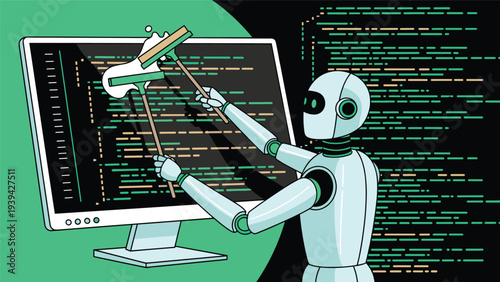 Robot with squeegees cleans a computer monitor filled with complex code, illustrating automated software optimization and cleanup.