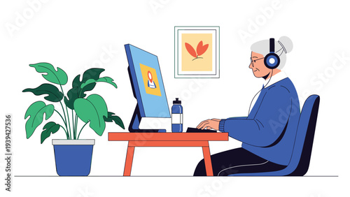 Senior woman with gray hair and headphones works diligently at a computer desk with a plant and picture in a quiet room.