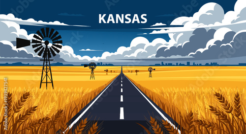 Kansas Landscape Vector Illustration of a Long Open Road Leading Towards the Horizon Through Wheat Fields with Windmills
