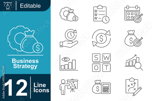 Set of 12 business strategy icons, representing planning, finance, and project management, perfect for web design and presentations