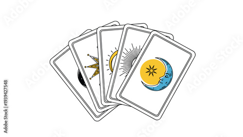 Set of five tarot cards fanned out on a white background, featuring mystic celestial symbols like the sun, moon, and stars.